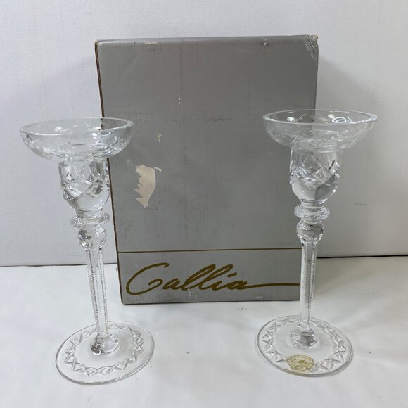 Rogaska Gallia Cut Lead Crystal Set 2 10" Etched Candle Stick Holders Vintage - Picture 1 of 13